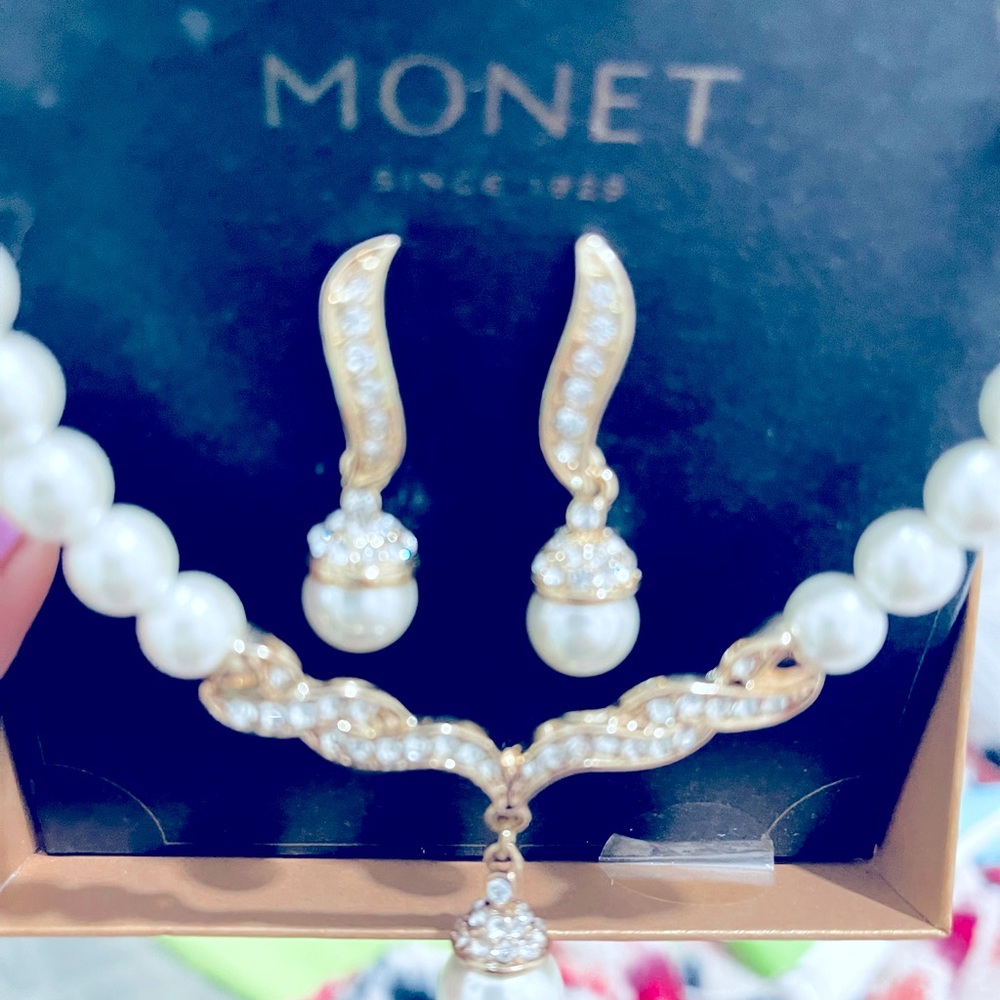 Monet, pearl and CZ necklace and earring set
